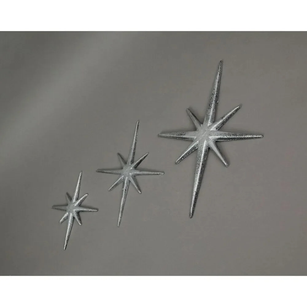Set of 3 Large Metallic Silver Cast Iron 8 Pointed Star Starburst Wall Hangings